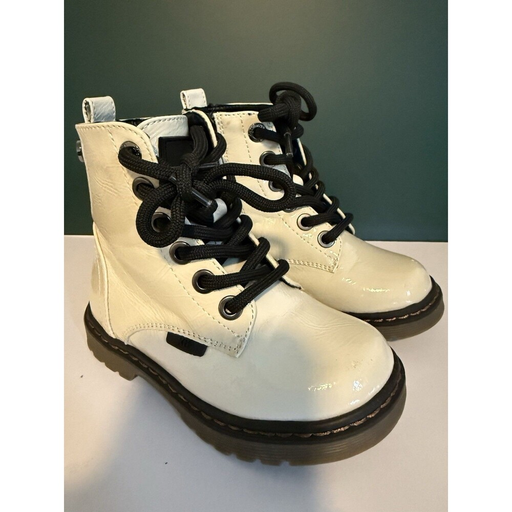 XTI Girls Patent Combat Boots Size 24 EU White Lace Up Side Zip Chunky Sole